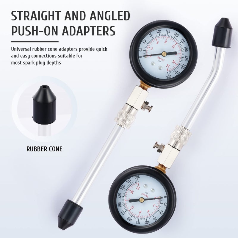 Orion Motor Tech Compression Tester  8PCS Engine Cylinder Pressure Gauge for Petrol Gas Engine  0-300PSI Engine Compression Tester Automotive with Adapters for Cars Trucks Motorcycles Marines ATV UTV - Image 4